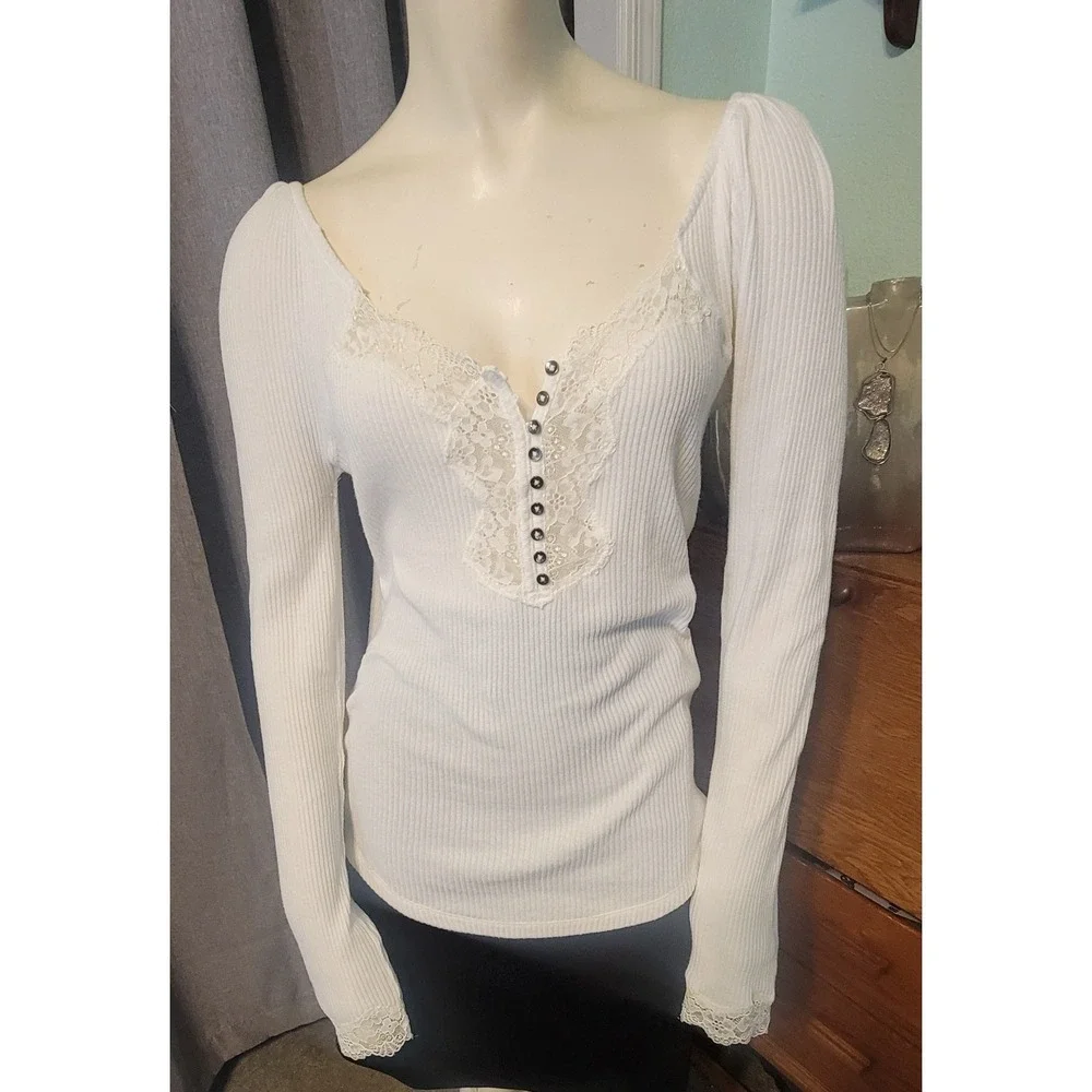 Free People To The West Lace‎ Long Sleeve Ribbed Henley Ivory Bella Babydoll L
